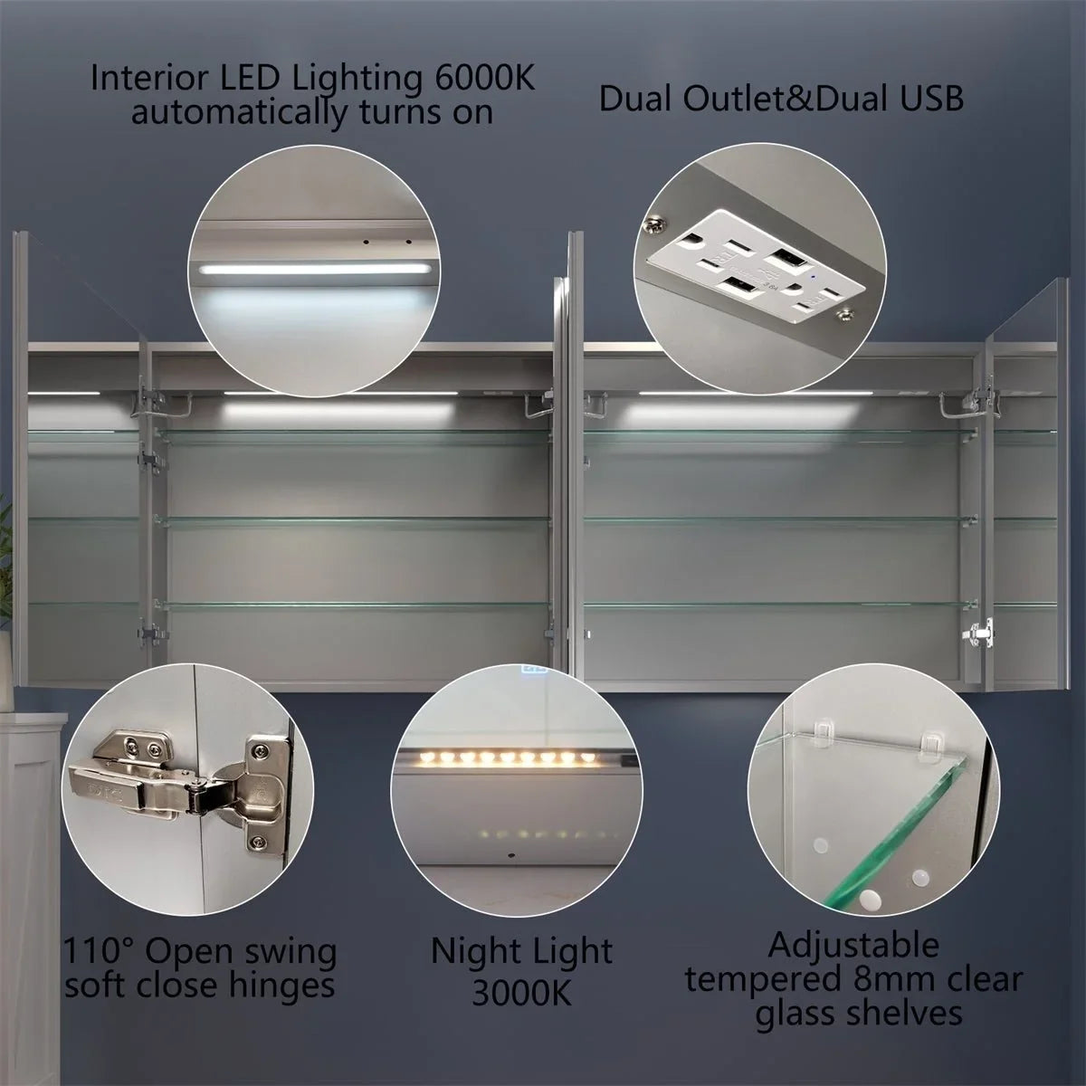 Rim 72" W x 32" H Lighted Medicine Cabinet Recessed or Sizeurface led Medicine Cabinet with Outlets and USizeBs