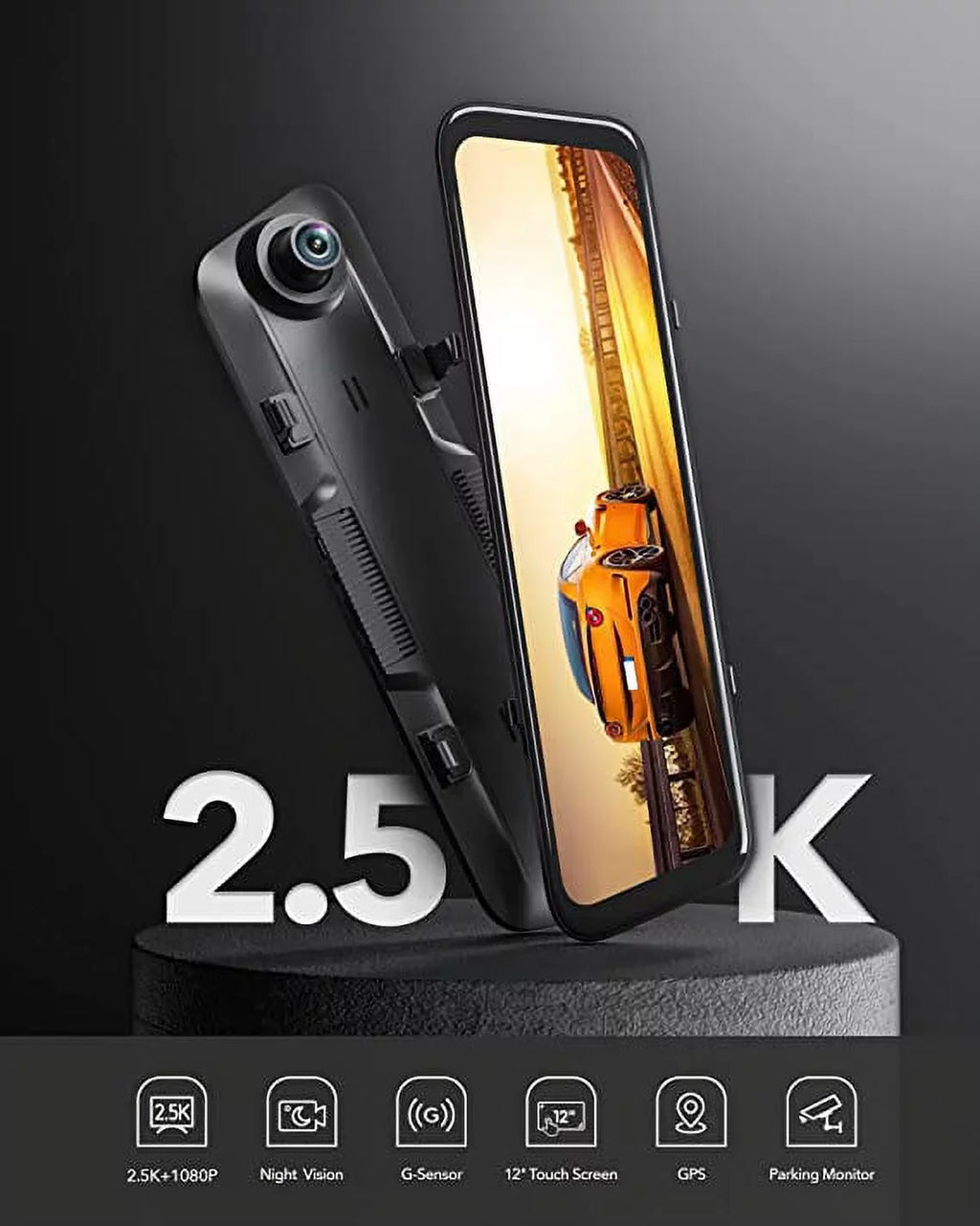 WOLFBOX Rear View Mirror Camera, 2.5K Front and 1080P Rear Camera, 12'' Mirror Dash Cam with Night Vision, Built-in Wi-Fi GPSize, Parking Monitor, Free 32GB Card