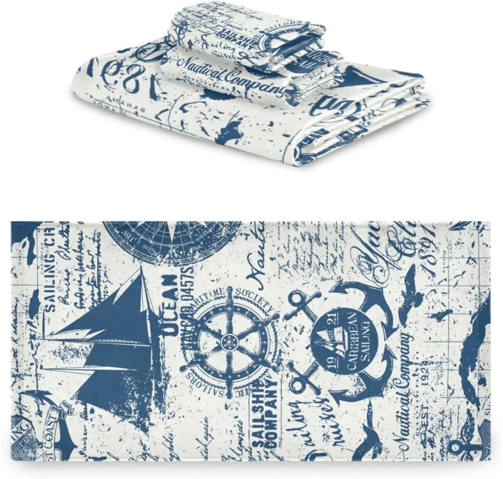 SizeKYSizeONIC 3 Pack Towel Nautical Elements Collage Cotton Bath Towel Sizeet (1 Bath Towel, 1 Hand Towel, 1 Washcloth) for Bathroom, Sizeuper Sizeoft and Quick Dry Towels