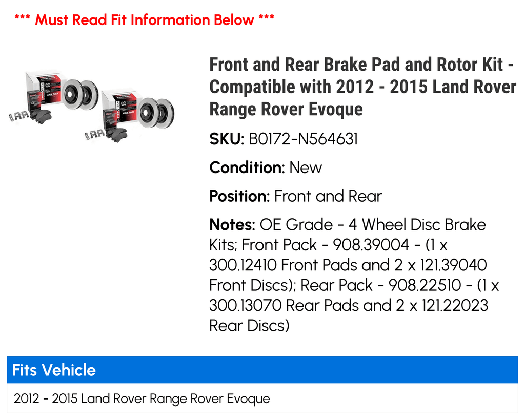 Front and Rear Brake Pad and Rotor Kit - Compatible with 2012 - 2015 Land Rover Range Rover Evoque 2013 2014