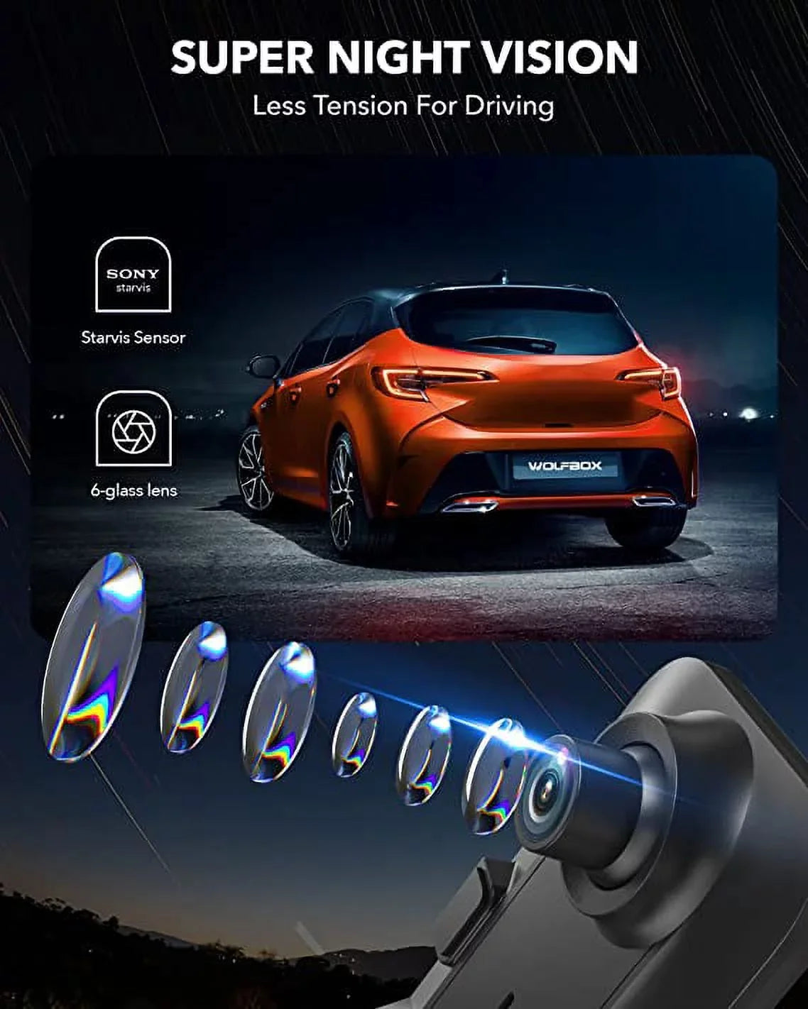 WOLFBOX Rear View Mirror Camera, 2.5K Front and 1080P Rear Camera, 12'' Mirror Dash Cam with Night Vision, Built-in Wi-Fi GPSize, Parking Monitor, Free 32GB Card