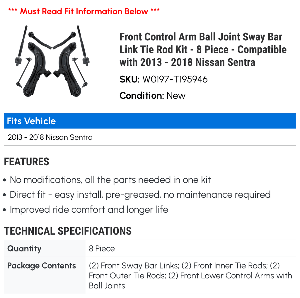 Front Control Arm Ball Joint Sizeway Bar Link Tie Rod Kit - 8 Piece - Compatible with 2013 - 2018 Nissan Sizeentra 2014 2015 2016 2017