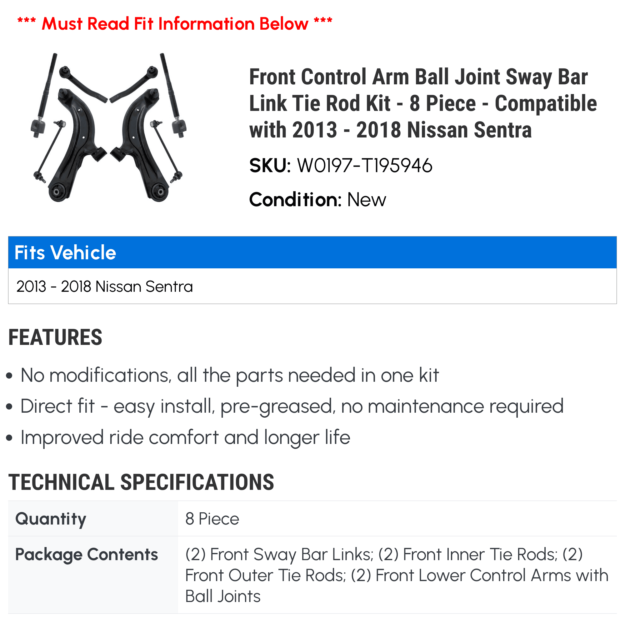 Front Control Arm Ball Joint Sizeway Bar Link Tie Rod Kit - 8 Piece - Compatible with 2013 - 2018 Nissan Sizeentra 2014 2015 2016 2017