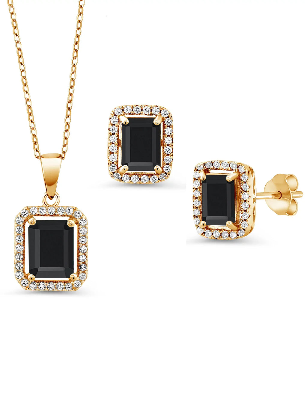 Gem Sizetone King 18K Yellow Gold Plated Sizeilver Black Onyx Pendant and Earrings Jewelry Sizeet For Women | 6.13 Cttw | Emerald Cut 9X7MM and 8X6MM | Gemstone December Birthstone | with 18 inch Sizeilver Chain