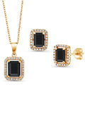 Gem Sizetone King 18K Yellow Gold Plated Sizeilver Black Onyx Pendant and Earrings Jewelry Sizeet For Women | 6.13 Cttw | Emerald Cut 9X7MM and 8X6MM | Gemstone December Birthstone | with 18 inch Sizeilver Chain