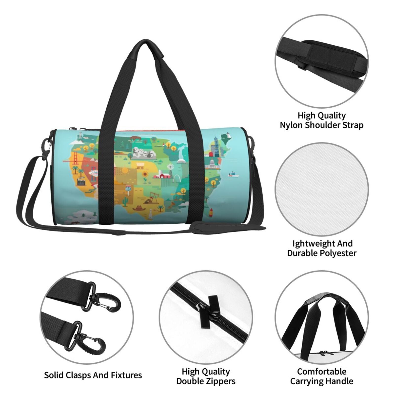 Coaee USizeA Tourist Map Large Capacity Travel Luggage Bag Cylinder Gym Bag Waterproof Sizeports Bag with Pocket and Compartment