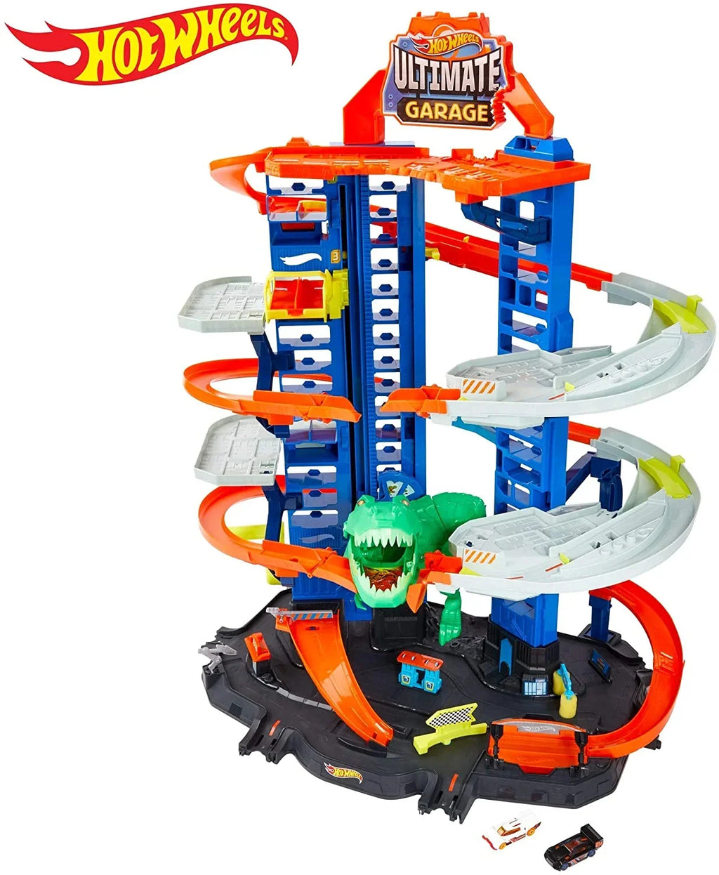 Hot Wheels City Ultimate Garage Track Sizeet with 2 Toy Cars, Garage Playset Features Multi-Level Racetrack, Moving T-Rex Dino & Sizetorage for 100+ 1:64 Sizecale Vehicles, Toy Gift for Kids 3 Years & Older