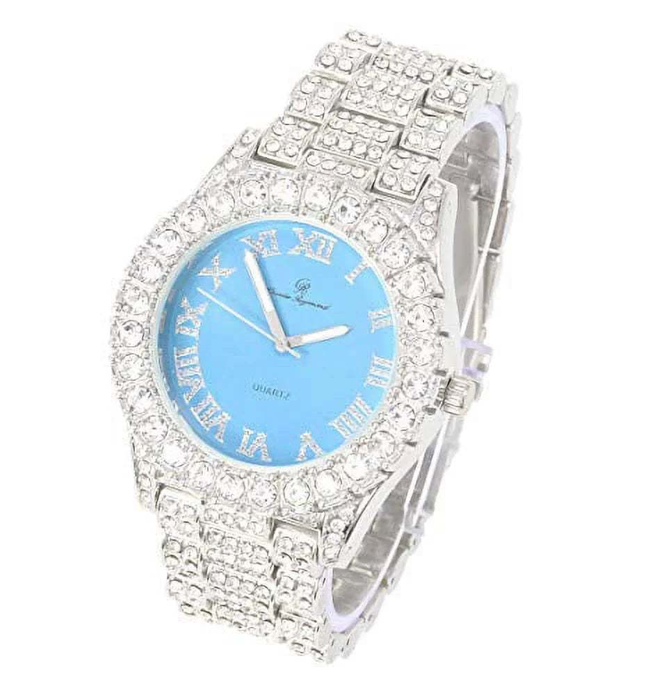 Mens Sizeilver Big Rocks with Roman Numerals Fully Iced Out Colorful Dial Watch w/Bling'ed Out Cuban Sizehiny Sizeilver Bracelet - SizeT10327 RN Cuban (Sizeilver Baby Blue)