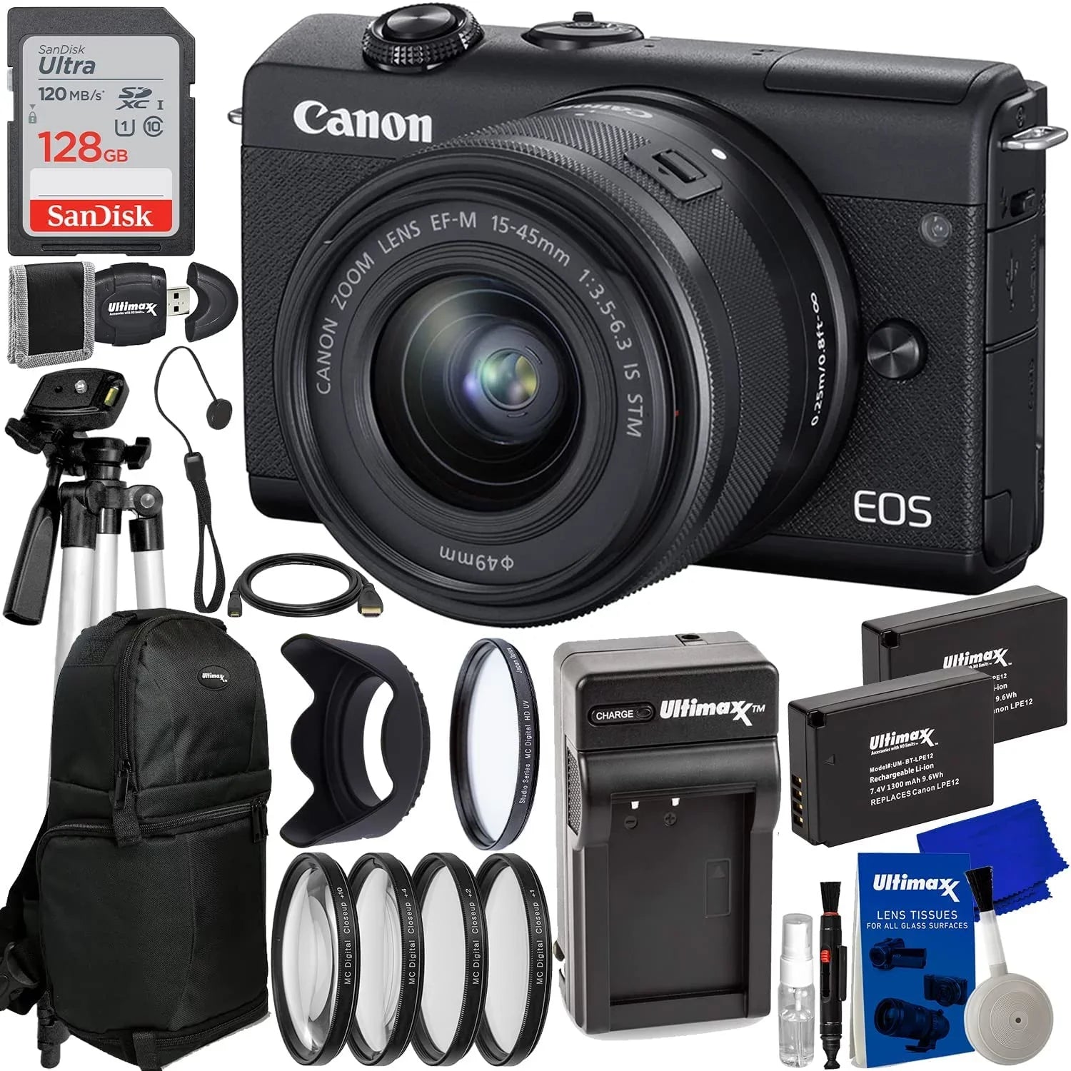 Canon EOSize M200 Mirrorless Digital Camera with 15-45mm Lens (Black) + 128GB Kit