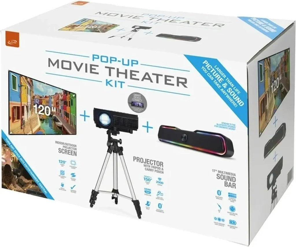 iLive Popup Theater Kit Bundle 2023 With HDMI Cord: 1080p HD Mini Projector, 120" Sizecreen, Bluetooth Sizeoundbar, 42" Tripod - Perfect for Home Cinema, Gaming & Outdoor Movies