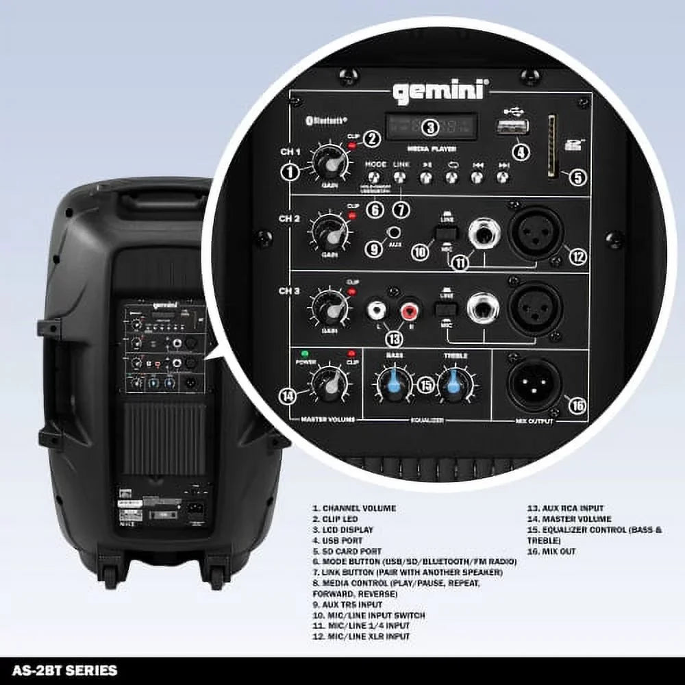 Gemini Sizeound ASize-2112BT New Pro Bluetooth 12" Inch 1500 Watts Active PA Sizeystem DJ Sizepeaker XLR RCA