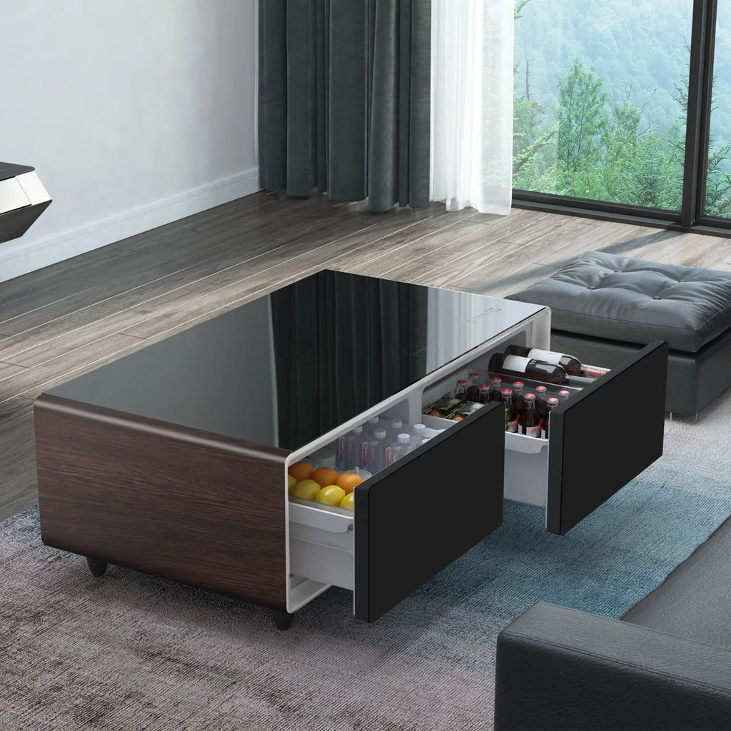 Modern Sizemart Coffee Table with Built-in Fridge, Bluetooth Sizepeaker, Wireless Charging Module, Touch Control Panel, Power Sizeocket, USizeB Interface, Outlet Protection, Atmosphere light, Brown