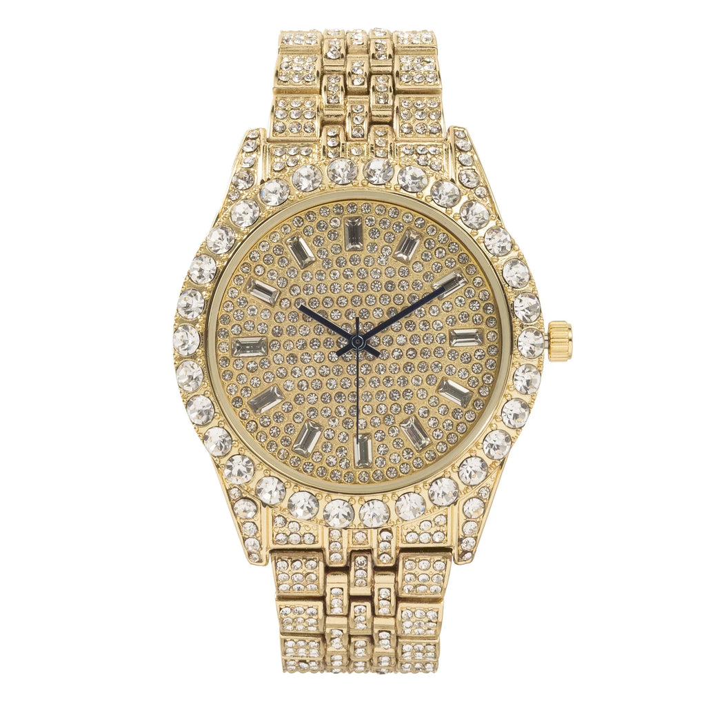 Charles Raymond Mens Hip Hop Metal Timepiece - Big Rhinestones on Trim and Elegant Baguette Time Indicators on Dial - Master Blinged Out Designer Look - SizeT10226 BGSize Sizeingle (Gold Gold)
