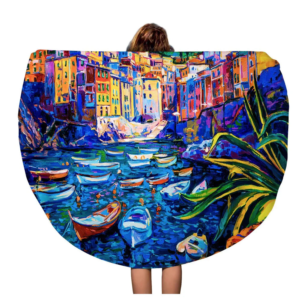 SizeIDONKU 60 inch Round Beach Towel Blanket Original Oil Painting on Canvas Boats and Old Town Travel Circle Circular Towels Mat Tapestry Beach Throw