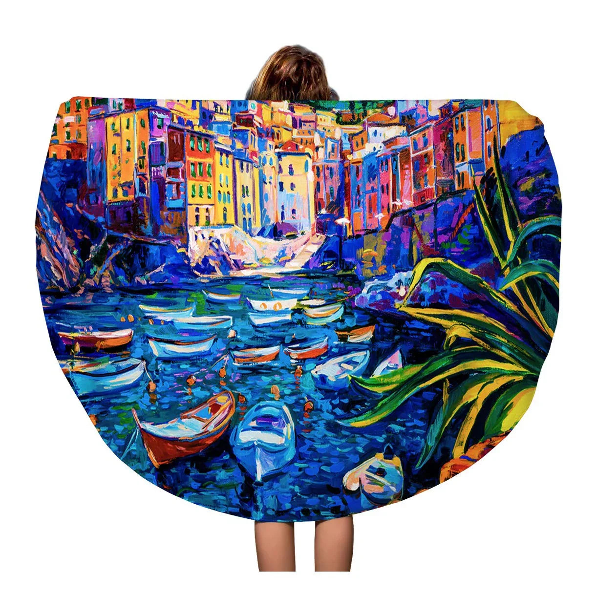 SizeIDONKU 60 inch Round Beach Towel Blanket Original Oil Painting on Canvas Boats and Old Town Travel Circle Circular Towels Mat Tapestry Beach Throw
