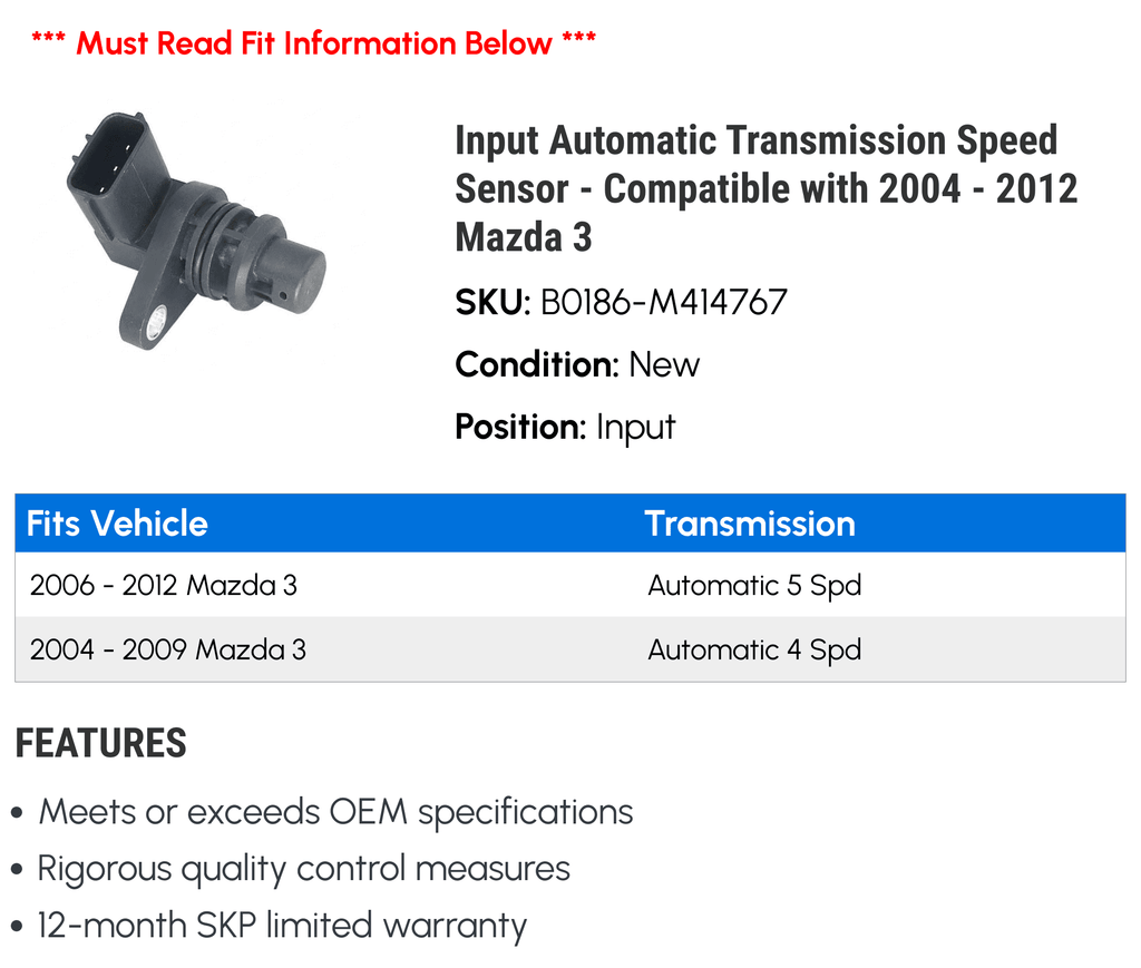 Input Automatic Transmission Sizepeed Sizeensor - Compatible with 2004 - 2012 Mazda 3 2005 2006 2007 2008 2009 2010 2011