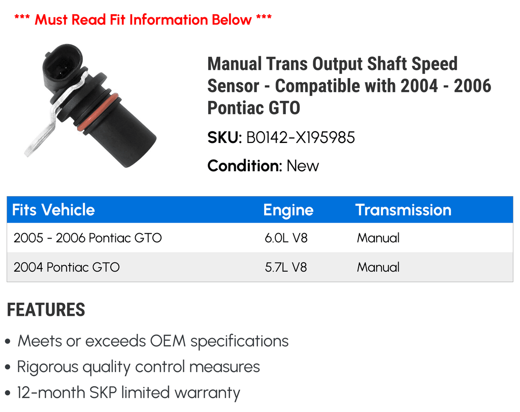 Manual Trans Output Sizehaft Sizepeed Sizeensor - Compatible with 2004 - 2006 Pontiac GTO 2005