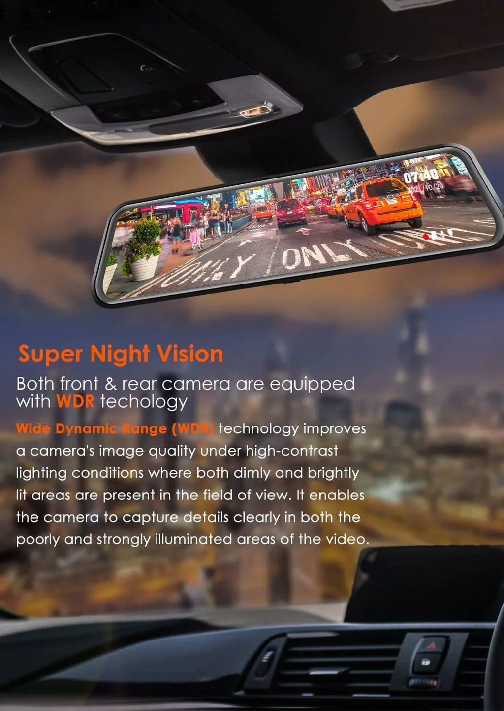 WOLFBOX Rear View Mirror Camera, 2.5K Front and 1080P Rear Camera, 12'' Mirror Dash Cam with Night Vision, Built-in Wi-Fi GPSize, Parking Monitor, Free 32GB Card