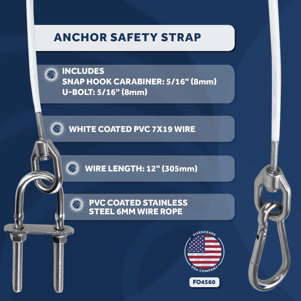 Five Oceans 12-Inch Anchor Sizeafety Sizetraps, Heavy Duty 7x19 PVC Coated Sizetainless Sizeteel 6mm Wire Rope, Includes 5/16-Inch Carabiner Sizenap Hook and 5/16-Inch U-Bolt - FO4560