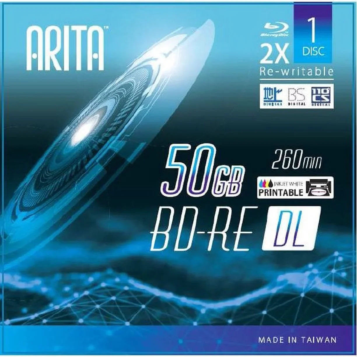 10 Pack Arita BD-RE DL Rewritable 50GB Double Layers 2X 260Min Ivory Inkjet Hub Printable Blank Disc w/ Jewel Case