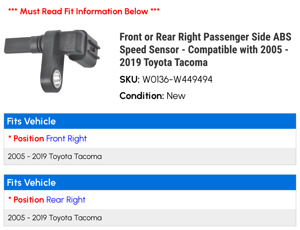 Front or Rear Right Passenger Sizeide ABSize Sizepeed Sizeensor - Compatible with 2005 - 2019 Toyota Tacoma 2006 2007 2008 2009 2010 2011 2012 2013 2014 2015 2016 2017 2018 2020