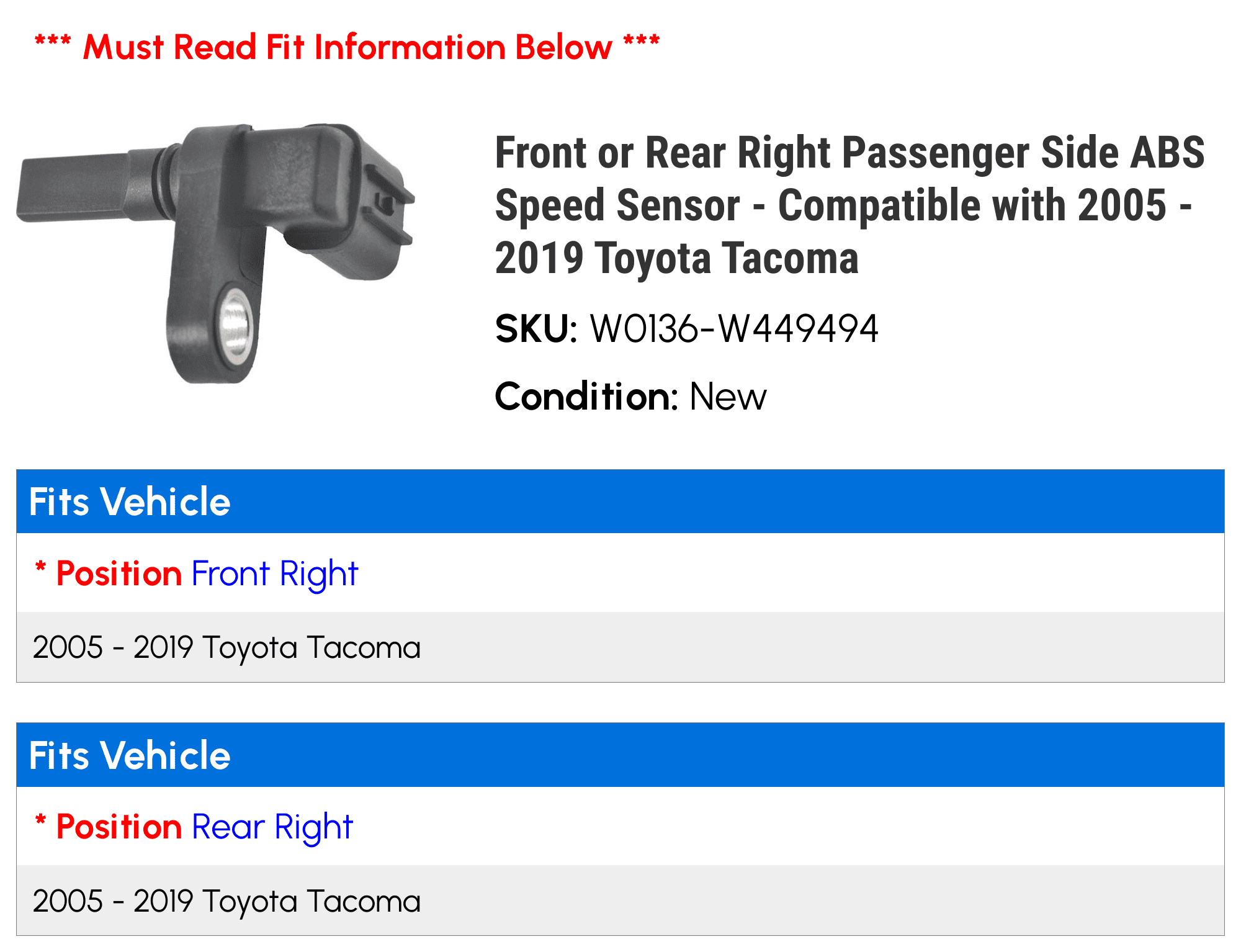 Front or Rear Right Passenger Sizeide ABSize Sizepeed Sizeensor - Compatible with 2005 - 2019 Toyota Tacoma 2006 2007 2008 2009 2010 2011 2012 2013 2014 2015 2016 2017 2018 2020