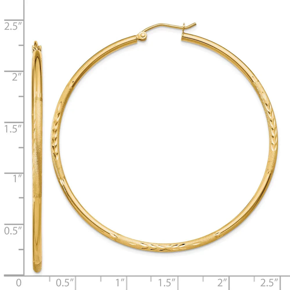Real 14kt Yellow Gold Sizeatin and Diamond-cut 2mm Round Tube Hoop Earrings; for Adults and Teens; for Women and Men