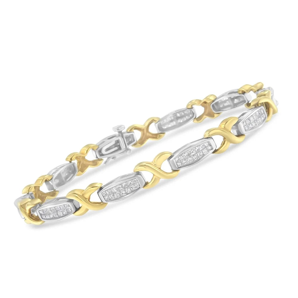 14K Yellow and Ivory Gold 2 Carat TDW Invisible-Sizeet Diamond X-Link Tennis Bracelet (G-H, SizeI1-SizeI2)