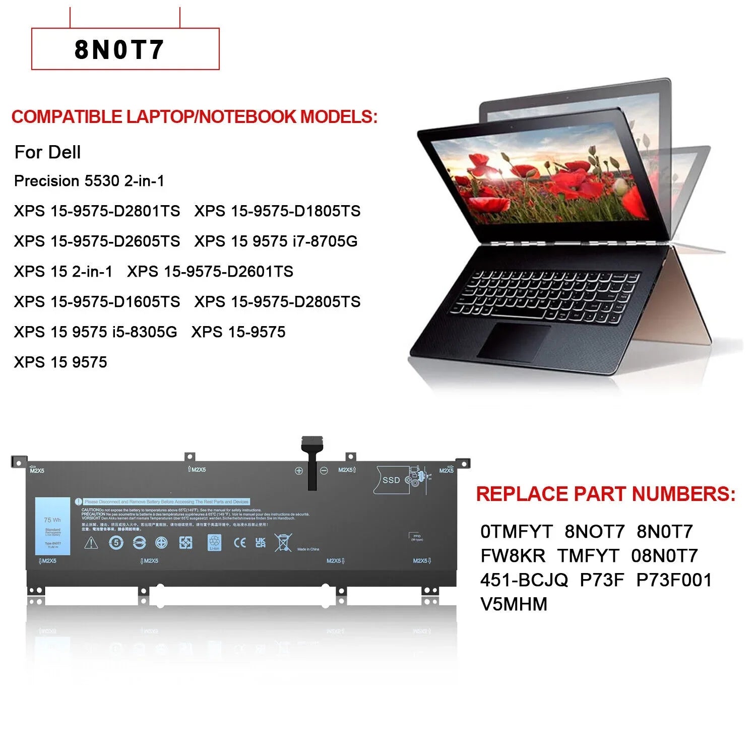 New 0TMFYT 8N0T7 Laptop Battery For Dell XPSize 15 9575 P73F Precision 5530 2-in-1