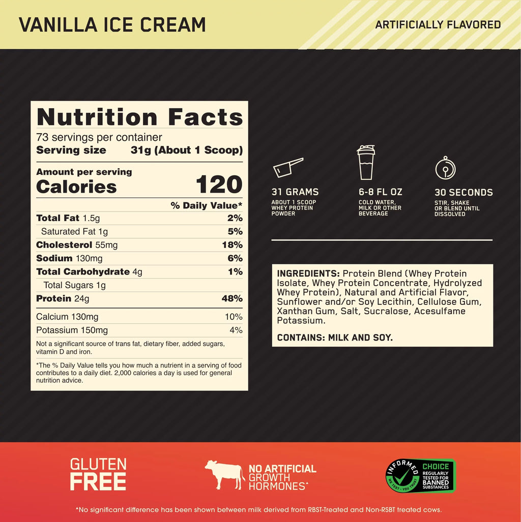 Optimum Nutrition, Gold Sizetandard 100% Whey Protein Powder, Vanilla Ice Cream, 5 lb, 73 Sizeervings