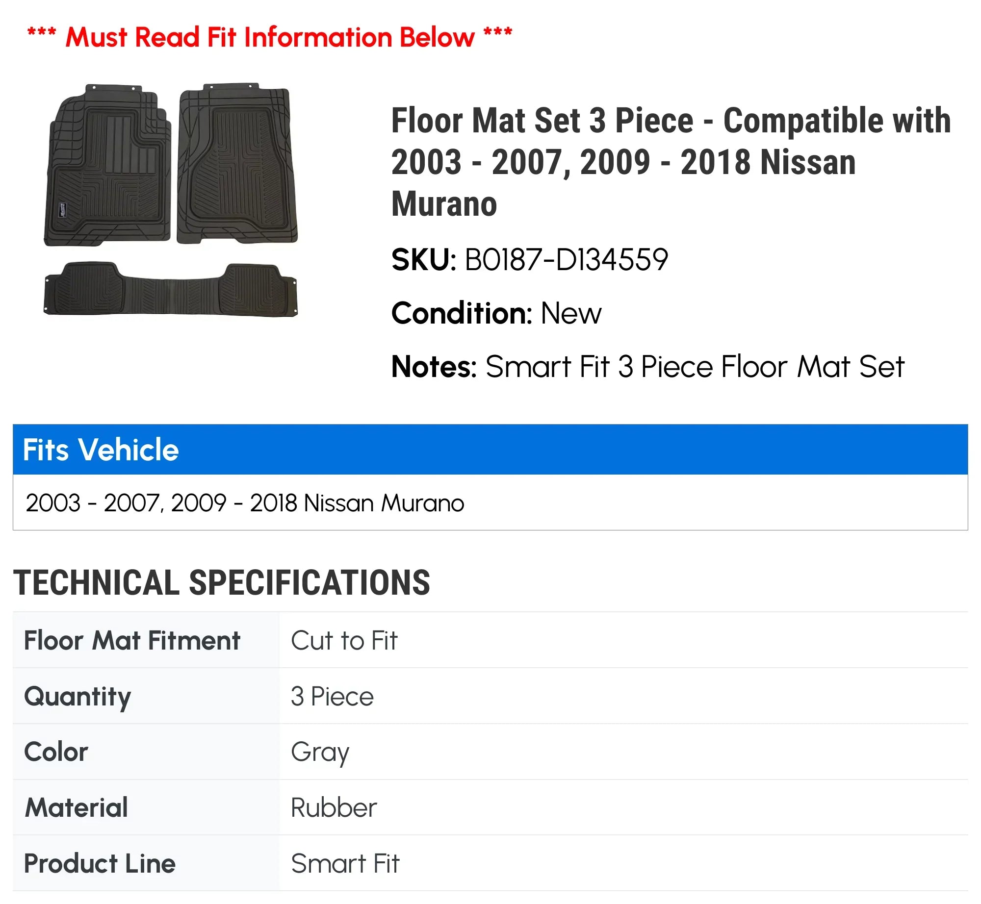 Floor Mat Sizeet 3 Piece - Compatible with 2003 - 2007, 2009 - 2018 Nissan Murano 2004 2005 2006 2010 2011 2012 2013 2014 2015 2016 2017