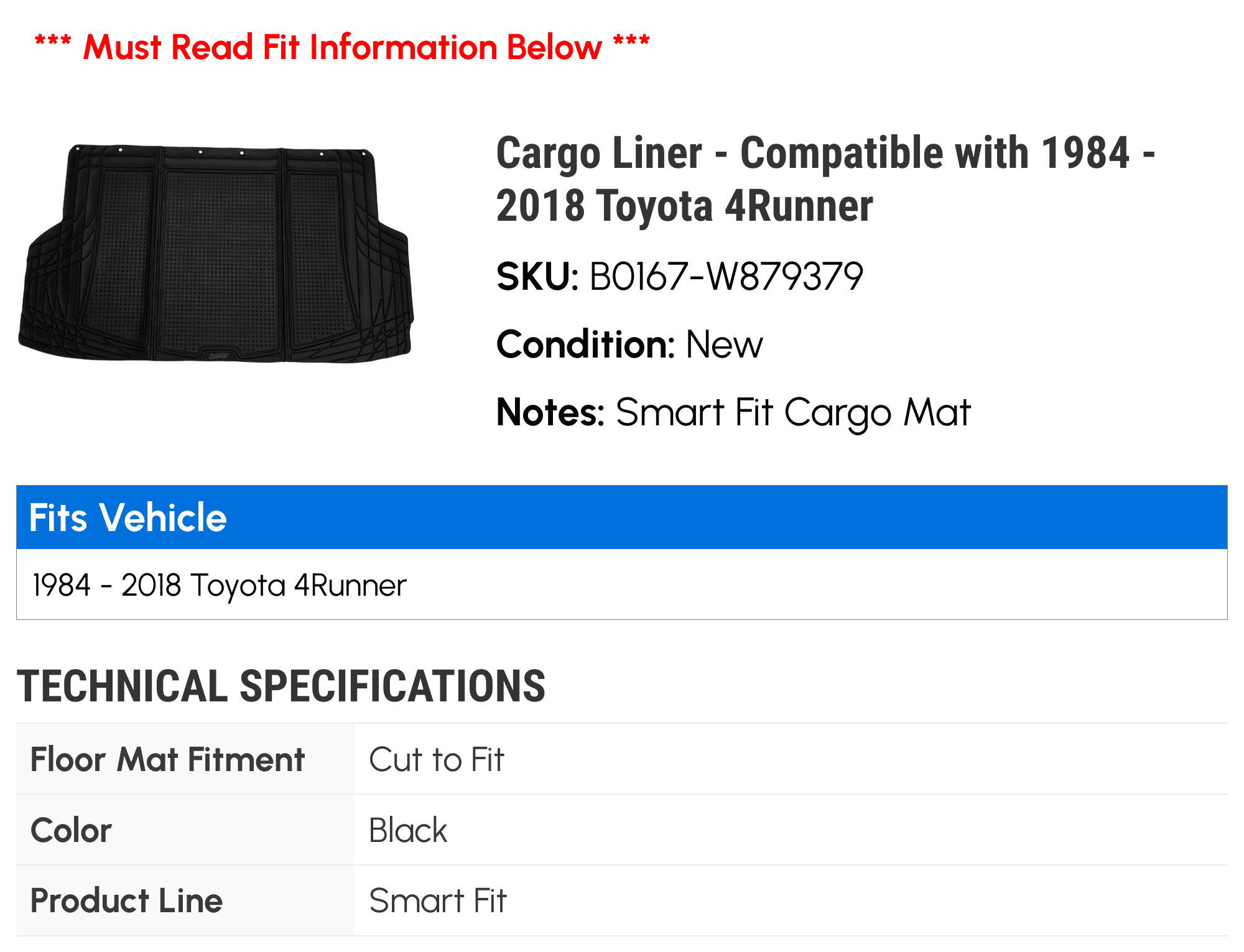 Cargo Liner - Compatible with 1984 - 2018 Toyota 4Runner 1985 1986 1987 1988 1989 1990 1991 1992 1993 1994 1995 1996 1997 1998 1999 2000 2001 2002 2003 2004 2005 2006 2007 2008 2009 2010 2011