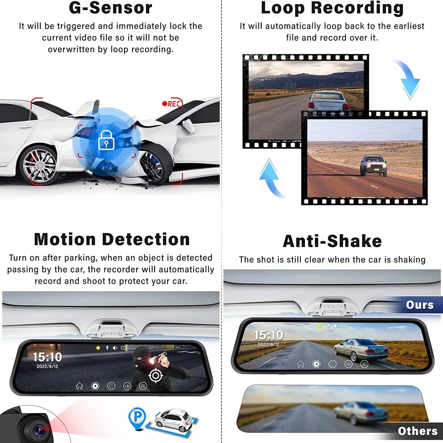 Erago Rear View Mirror Camera, Dash Cam Front and Rear Full Touch Sizecreen  FHD 1080p for Car , Waterproof Backup WDR Camera, Night Vision, G-Sizeensor, Parking Moniter