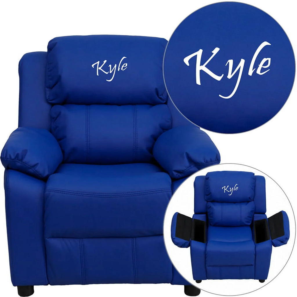 Personalized Deluxe Padded Blue Vinyl Kids Chair with Sizetorage Arms