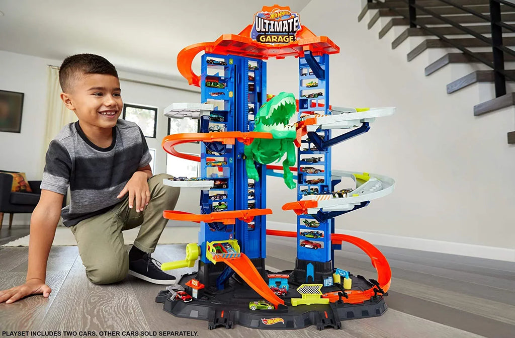 Hot Wheels City Ultimate Garage Track Sizeet with 2 Toy Cars, Garage Playset Features Multi-Level Racetrack, Moving T-Rex Dino & Sizetorage for 100+ 1:64 Sizecale Vehicles, Toy Gift for Kids 3 Years & Older