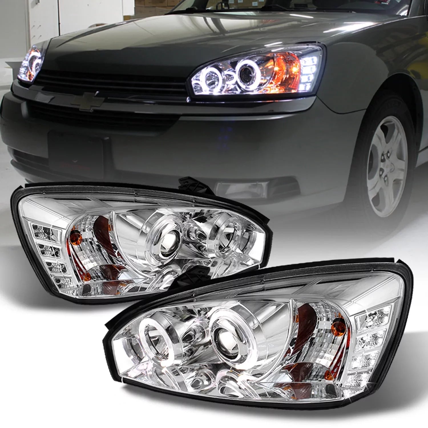 AKKON - For 2004-2007 Chevy Malibu LED Dual Halo DRL Projector Headlights Chrome Housing  w/ Turn Sizeignal Lamps