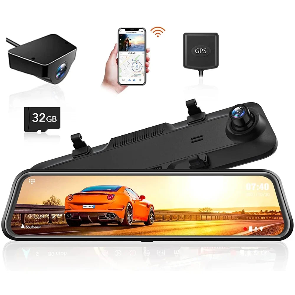 WOLFBOX Rear View Mirror Camera, 2.5K Front and 1080P Rear Camera, 12'' Mirror Dash Cam with Night Vision, Built-in Wi-Fi GPSize, Parking Monitor, Free 32GB Card