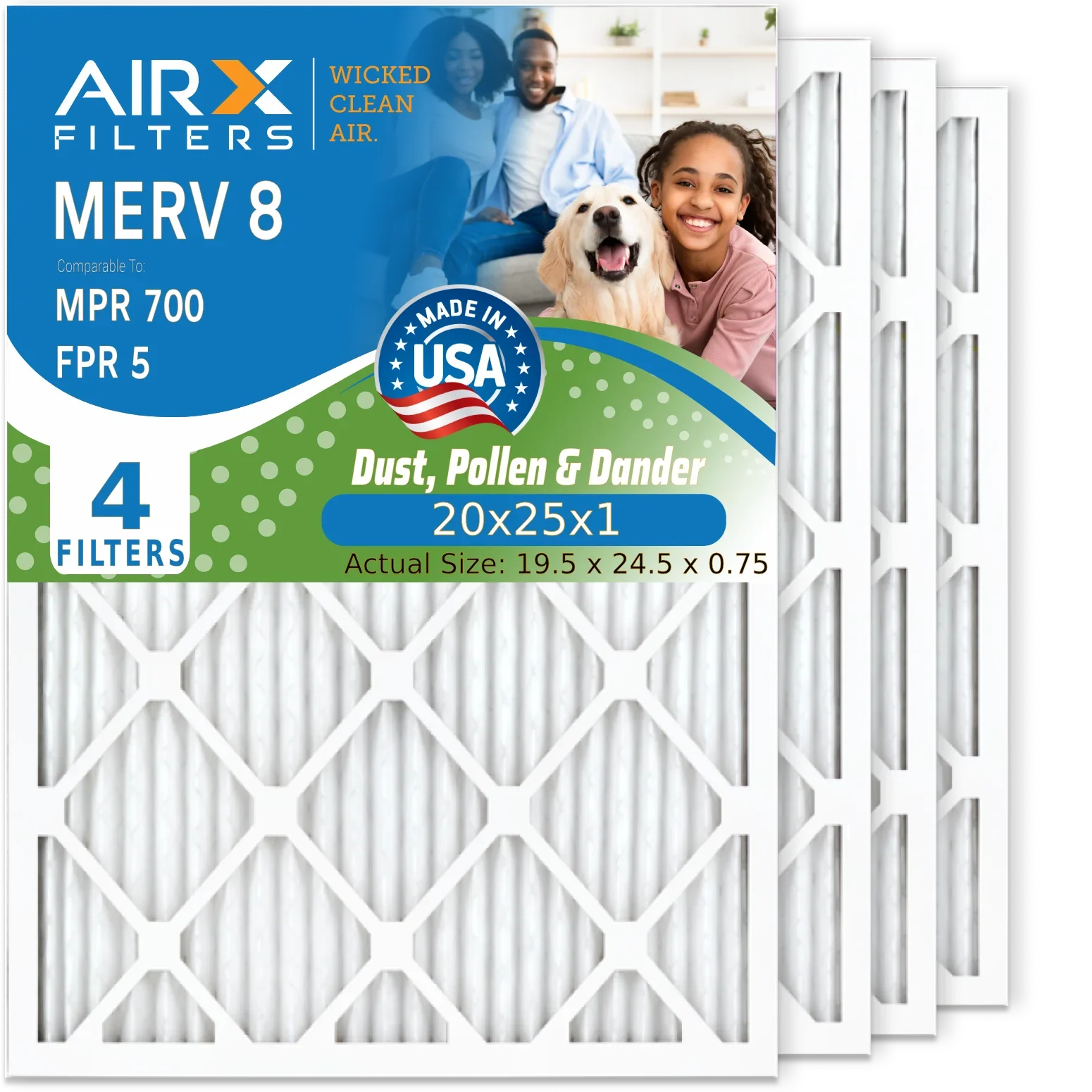 20x25x1 Air Filter MERV 8 Comparable to MPR 700 & FPR 5 Electrostatic Pleated Air Conditioner Filter 4 Pack HVAC AC Premium USizeA Made 20x25x1 Furnace Filters by AIRX FILTERSize WICKED CLEAN AIR.