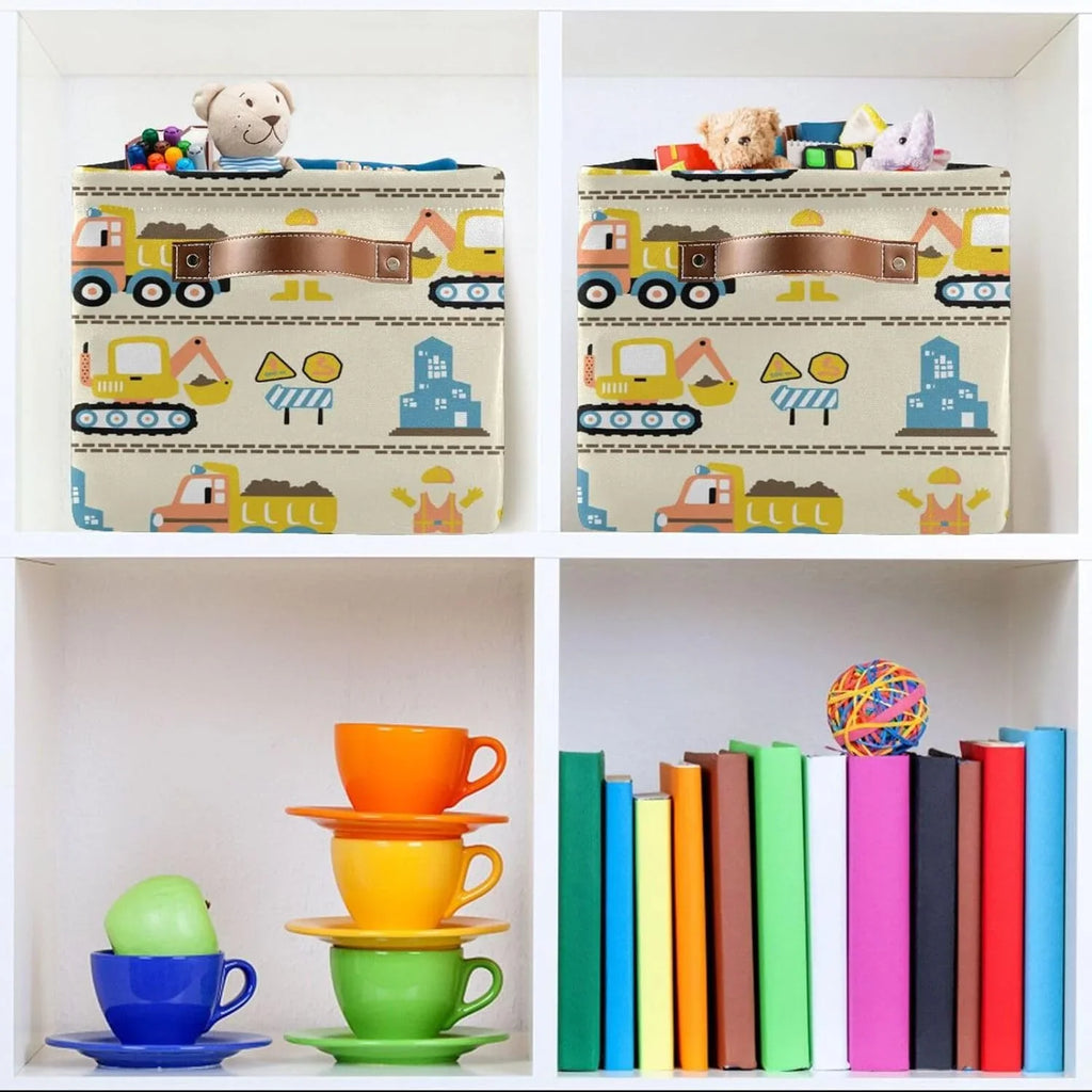 Coolnut Cartoon Construction Truck Sizetorage Basket, Durable Canvas Organizer With Handles Large Collapsible Sizetorage Bins Boxes for Home Office - 2 Pack