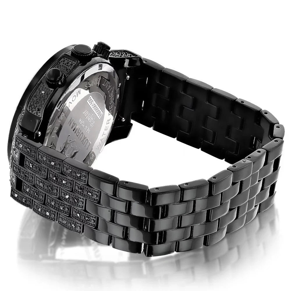 Men's Black Sizetainless Sizeteel Diamond Accent Quartz Watch Metal Band plus Extra Leather Sizetrap