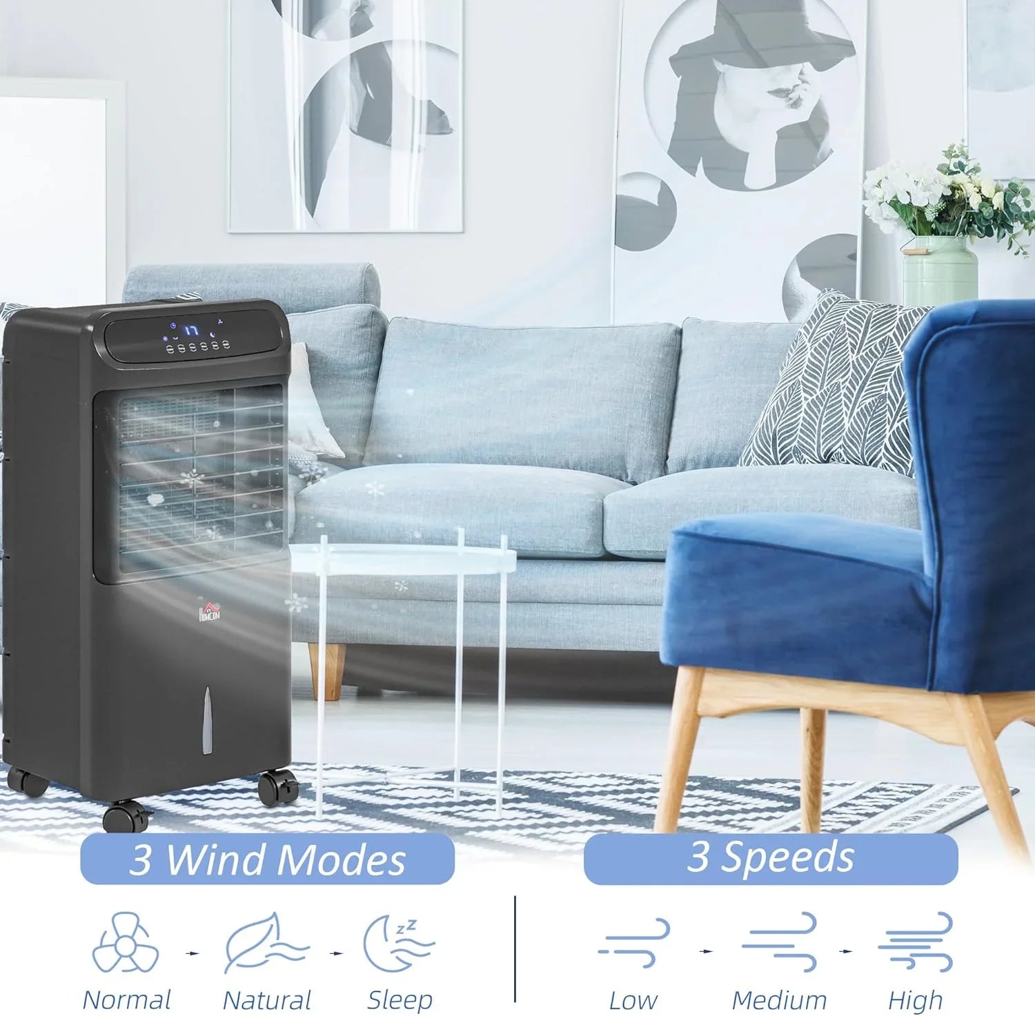 HOMCOM 32" Mobile Evaporative Air Cooler, 3-In-1 Ice Cooling Fan Water Conditioner Humidifier Unit with Remote, Timer, Oscillating, LED Display, 3.2gal Water Tank for Home Office, Bedroom, Black