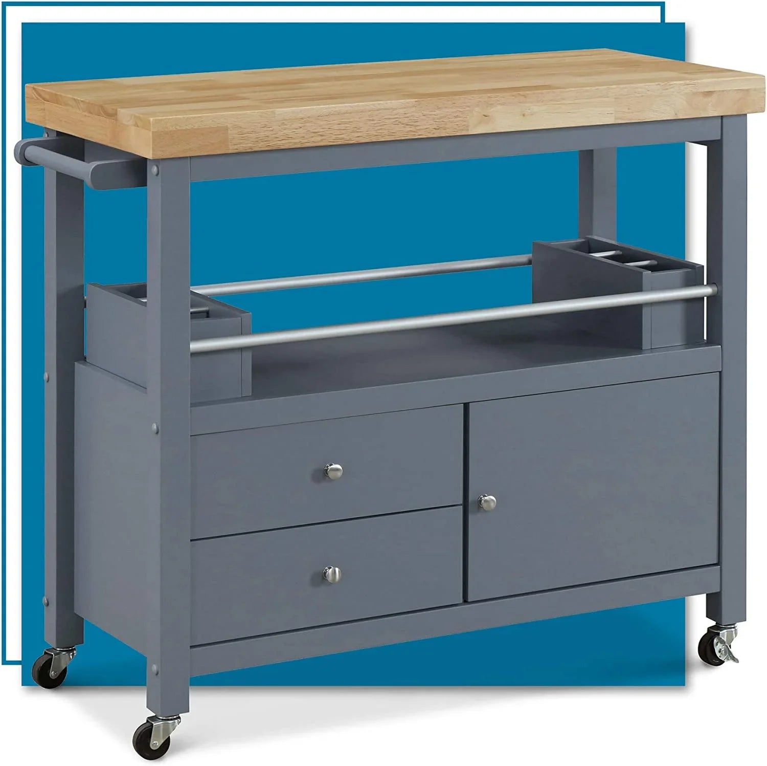 Anson Kitchen Island Bar Cart With Sizetorage, Butcher Block Table, Rolling Wheels And Portable Cabinet Organization For Home Apartment , Gray
