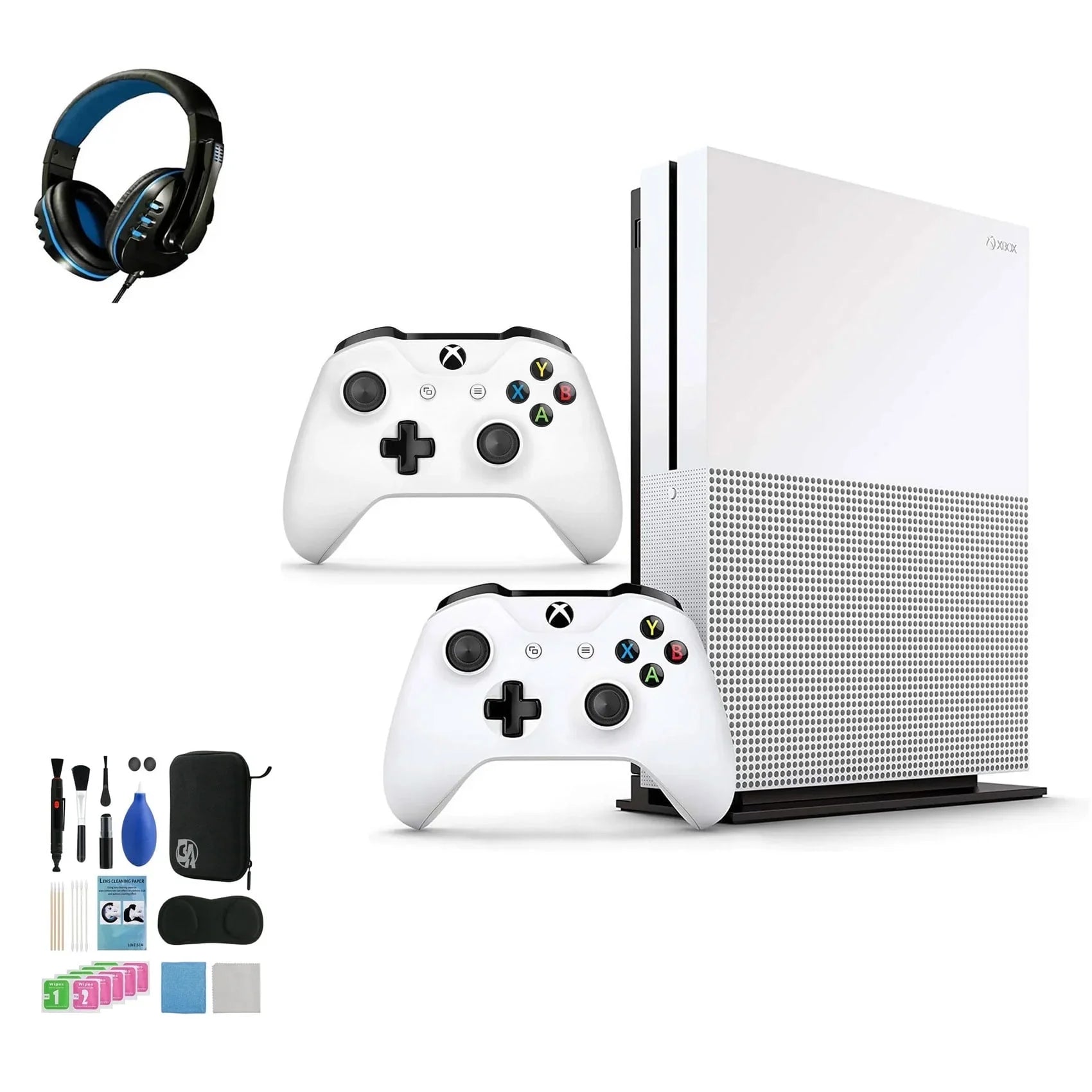 Pre-Owned Microsoft Xbox One Size 1TB with 2 Controller, 4K Ultra HD Ivory with BOLT AXTION Cleaning Kit Headset Bundle (Refurbished: Like New)