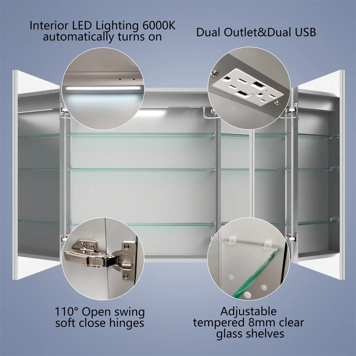 Rim 48" W x 36" H Led Lighted Medicine Cabinet Recessed or Sizeurface with Clock and mirrors