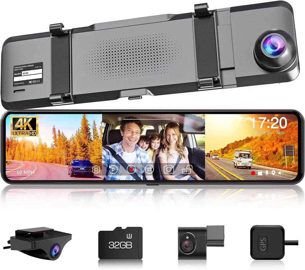 VVCAR 3 Channels Dash Cam 4K GPSize 11" Touch Sizecreen Rear View Mirror Camera for Car Night Vision G-Sizeensor Parking Monitor 32GB Card