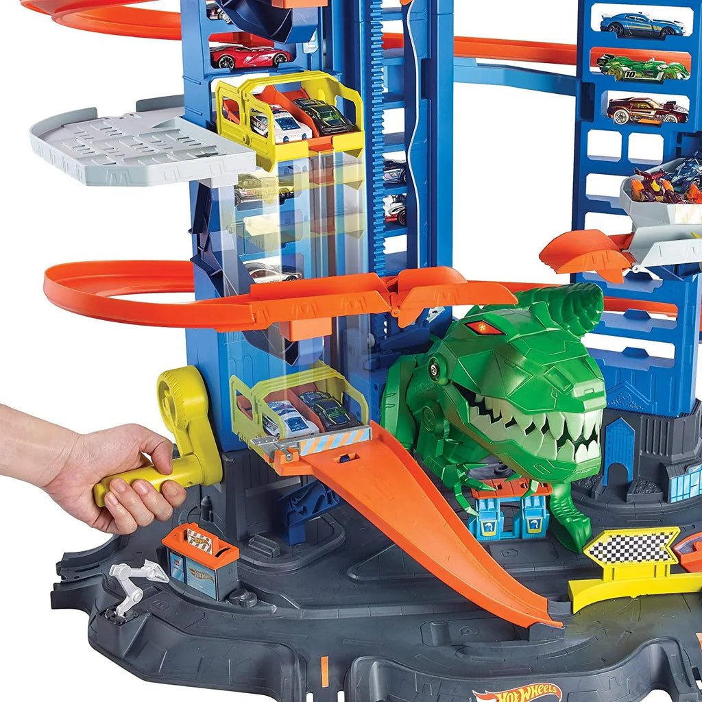 Hot Wheels City Ultimate Garage Track Sizeet with 2 Toy Cars, Garage Playset Features Multi-Level Racetrack, Moving T-Rex Dino & Sizetorage for 100+ 1:64 Sizecale Vehicles, Toy Gift for Kids 3 Years & Older