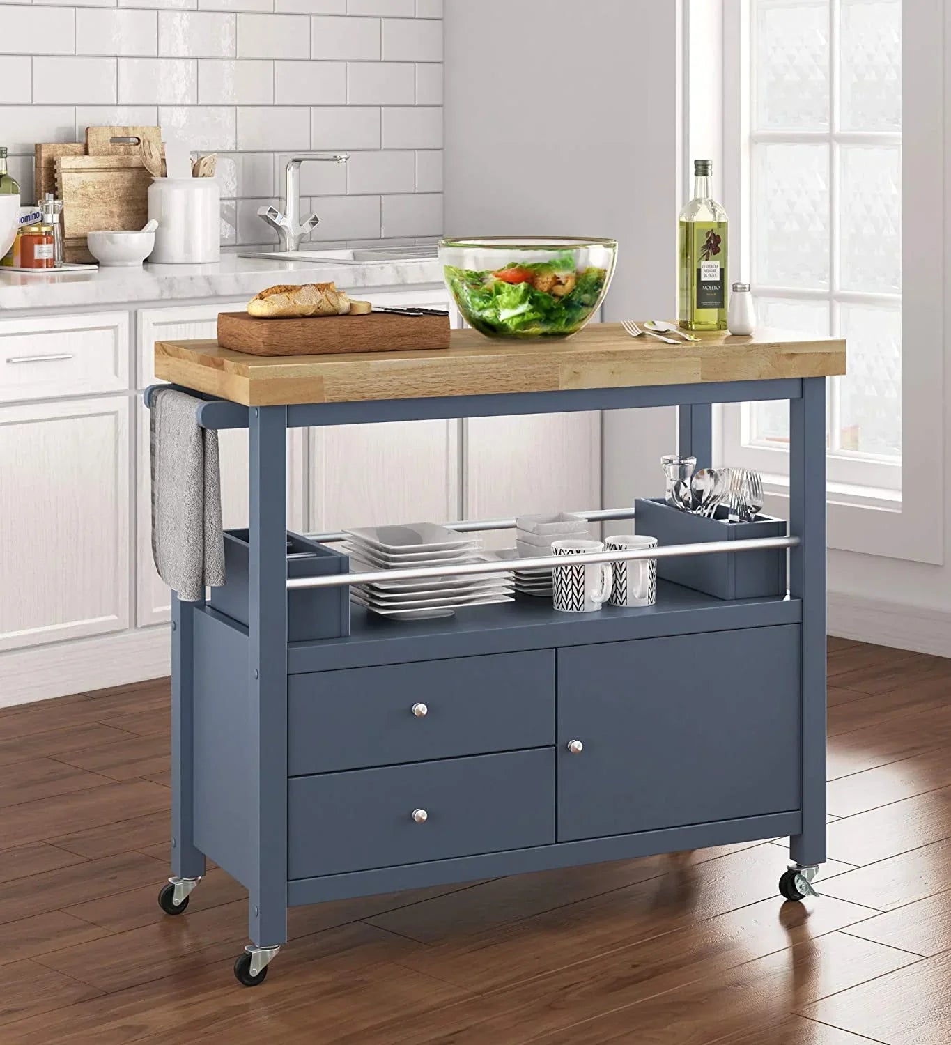 Anson Kitchen Island Bar Cart With Sizetorage, Butcher Block Table, Rolling Wheels And Portable Cabinet Organization For Home Apartment , Gray