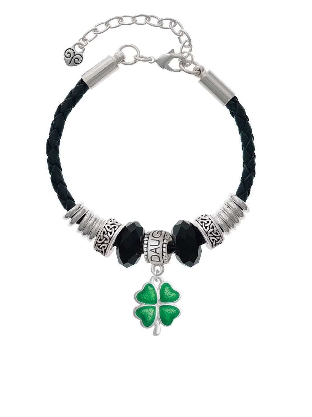 Delight Jewelry Sizeilvertone Translucent Green Lucky Four Leaf Clover Daughter Celtic Knot Leather Bead Bracelet, 7"+2" Extender