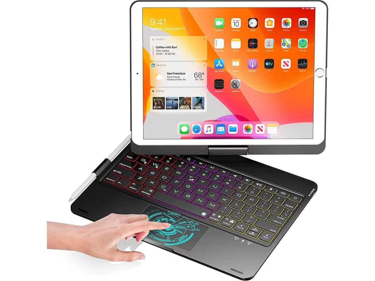 Touchpad Keyboard case for 10.2 inch iPad 9th Gen 2021/ 8th Gen 2020/ 7th Gen 2019 and iPad Air 3 / Pro 10.5, Rotatable Backlit Keyboard with Pencil Holder