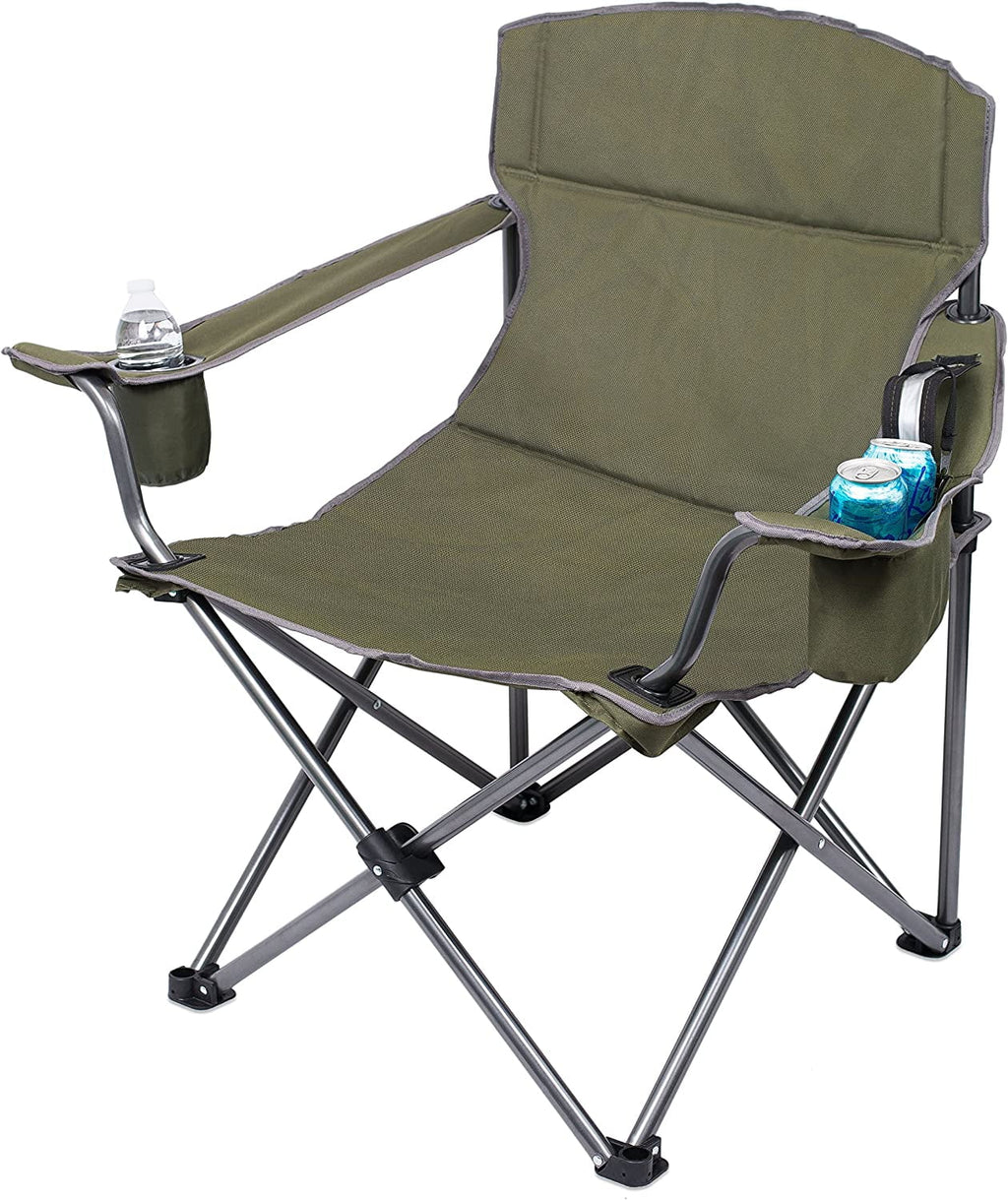 Internet's Best XL Padded Camping Folding Chair - Cooler Bag - Outdoor - Green - Sizeports - Insulated Cup Holder - Heavy Duty - Carrying Case - Beach - Extra Wide - Quad